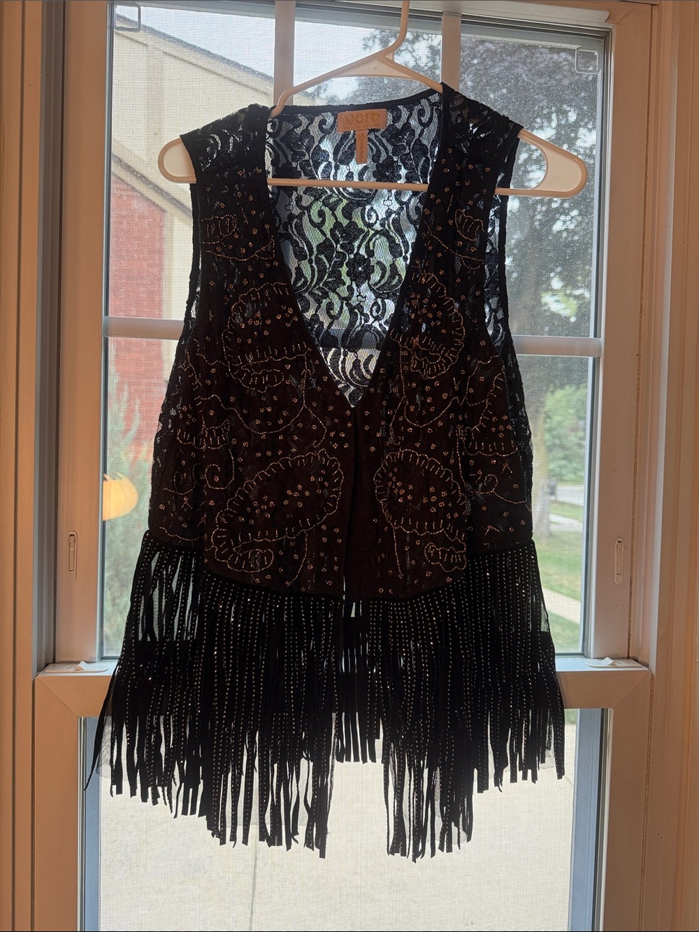 Anthropologie Verb Vintage-Inspired Black Beaded Fringe Vest